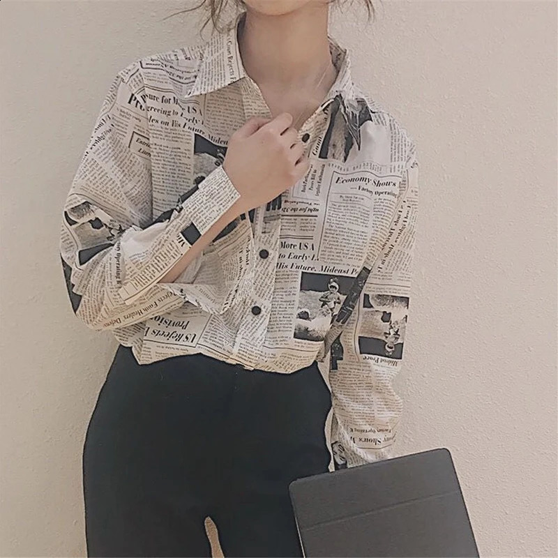 Gidyq Fashion Womens Chiffon Shirt Korean Casual spaper Printed Loose Top Bf Street Clothing Full Match 240814