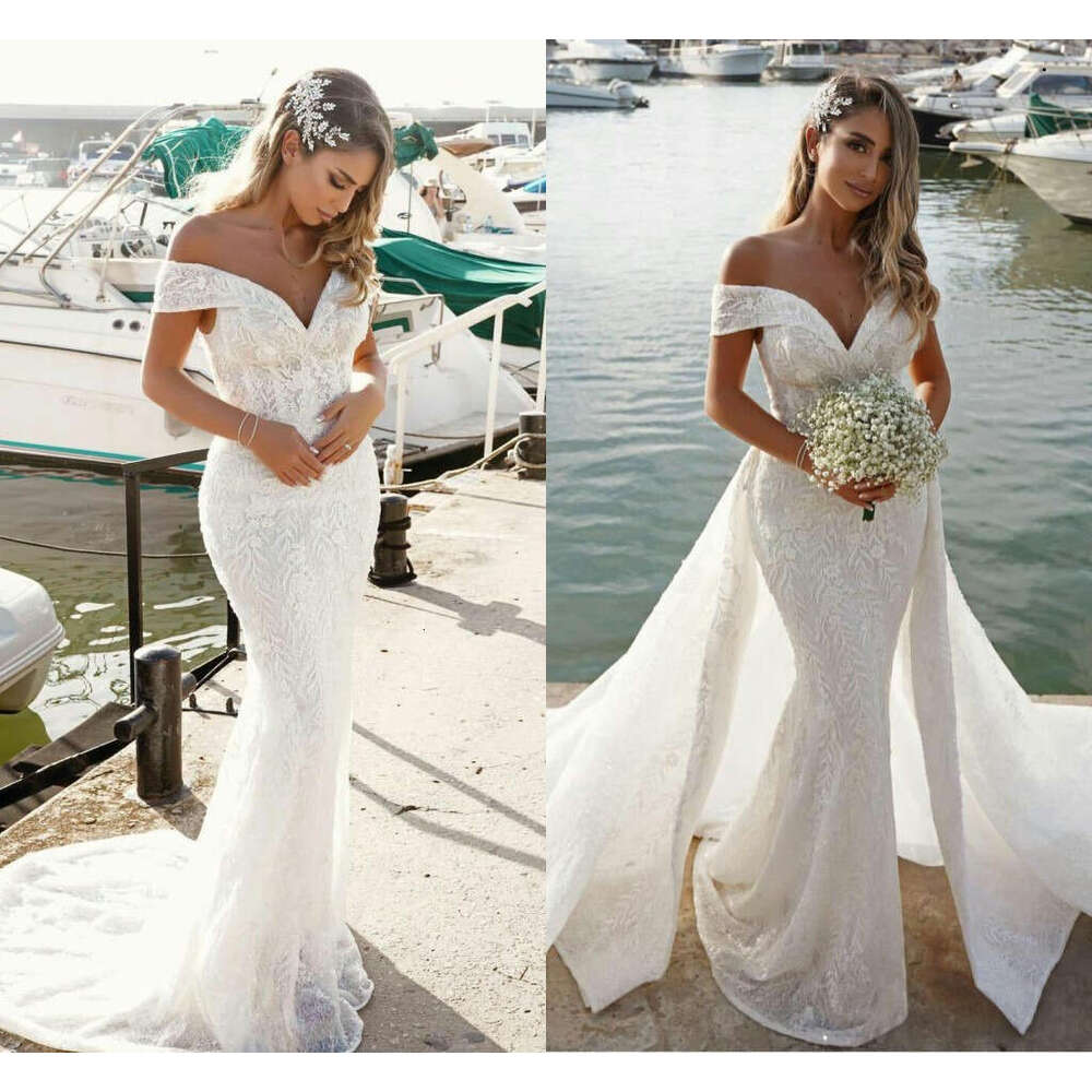 Lace Mermaid Robe De Marie Detachable Train Off The Shoulder Beach Wedding Gowns Summer Dresses Tachable