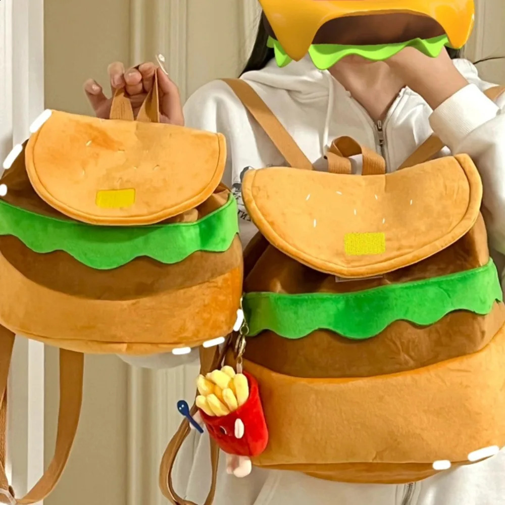 Cute Burger Plush Backpack Soft Cartoon Burger Plush Coin Wallet for Girls Kindergarten Backpack Childrens Bag 240904