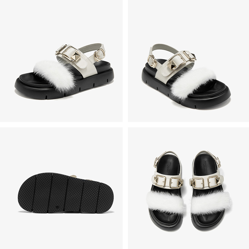2025 new Casual BEAUTODAY Sandals Women Mink Fur Solid Color Metal Decoration Buckle Rivet Flats Outdoor Footwear Female 34613 7327