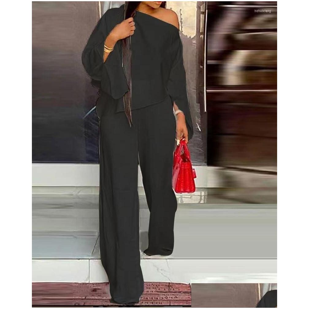 Womens Two Piece Pants Fashion Women Casual Street Style Long Sleeve Card Shoder Top Elastic Set Wholesale Drop Delivery Apparel Cloth Otj12