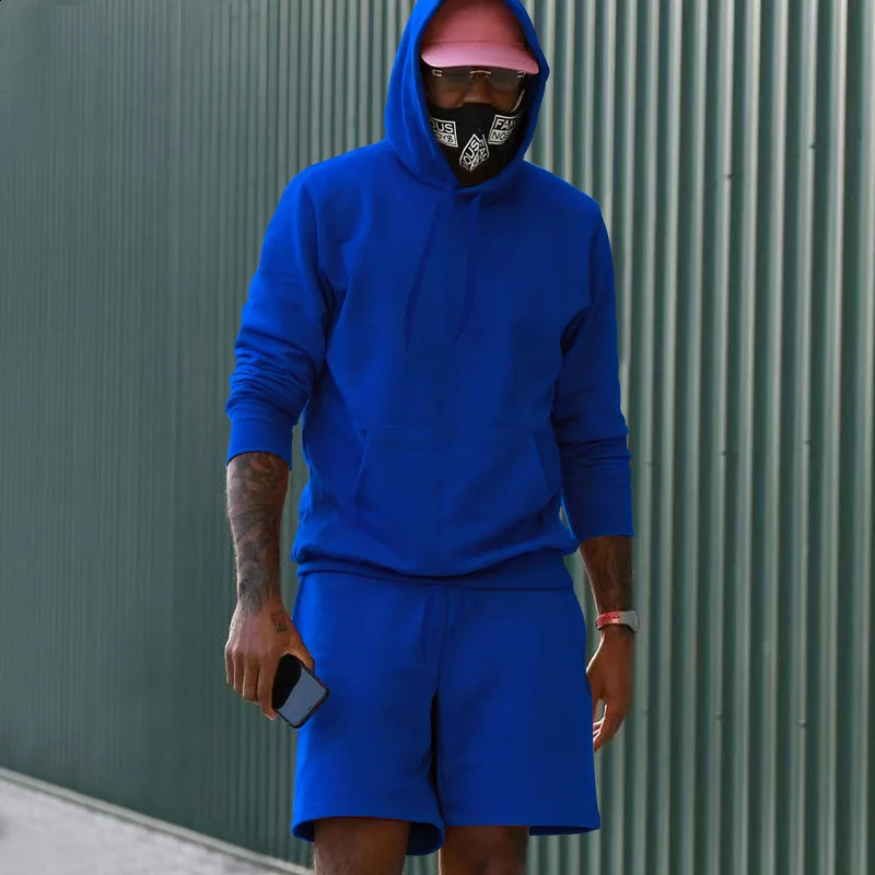 HoodedPants twopiece casual set mens Hooded long sleeved Pullover shorts sports top solid color Tracksuit 240903