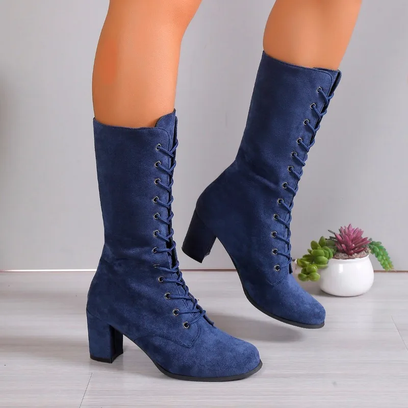 2024 Black Knee High Women Casual Vintage Retro Mid-Calf Boots Lace Up Thick Heels Shoes