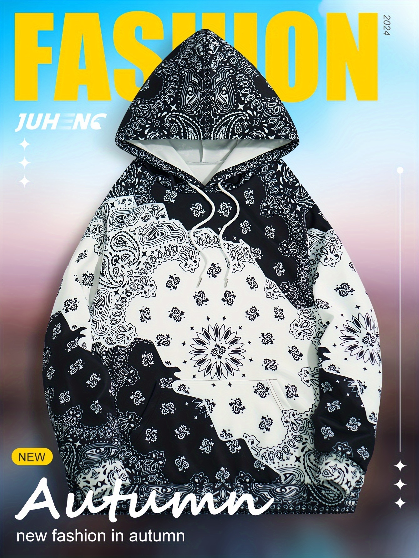 Men's Fashion Loose-Fit Paisley Graphic Print Hoodie - Soft Brushed Fleece, Kangaroo Pocket, Casual Long Sleeve Hooded Sweatshirt for Outdoor Act