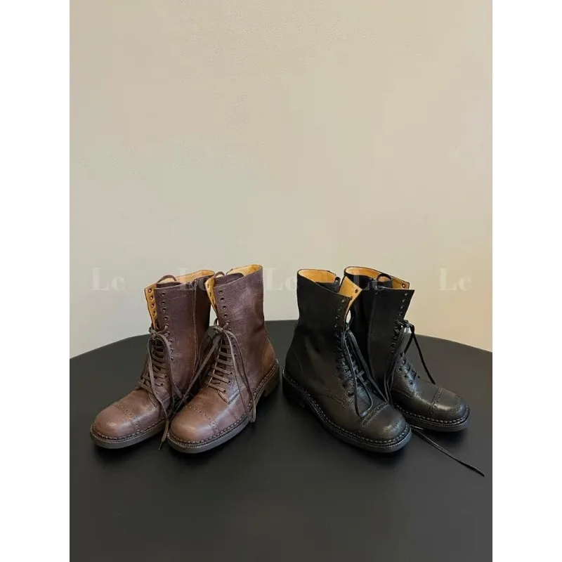 Women's Ankle Boots Lace-up Girl Cowboy Motorcycle Trend New Rock Punk Fashion Low Heel Designer Shoes Round Toe Leather Boots
