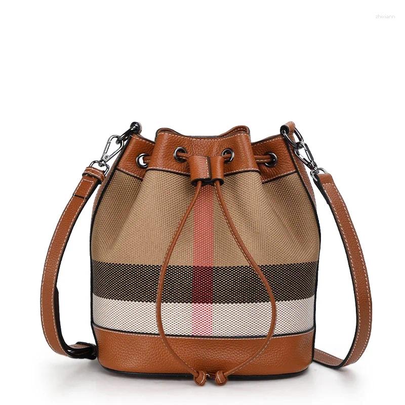 Free Shipping Drawstring The Latest Style Of Checkered Pattern Women's Single Shoulder Crossbody Bag With High-quality Canvas And Cowhide Bucket