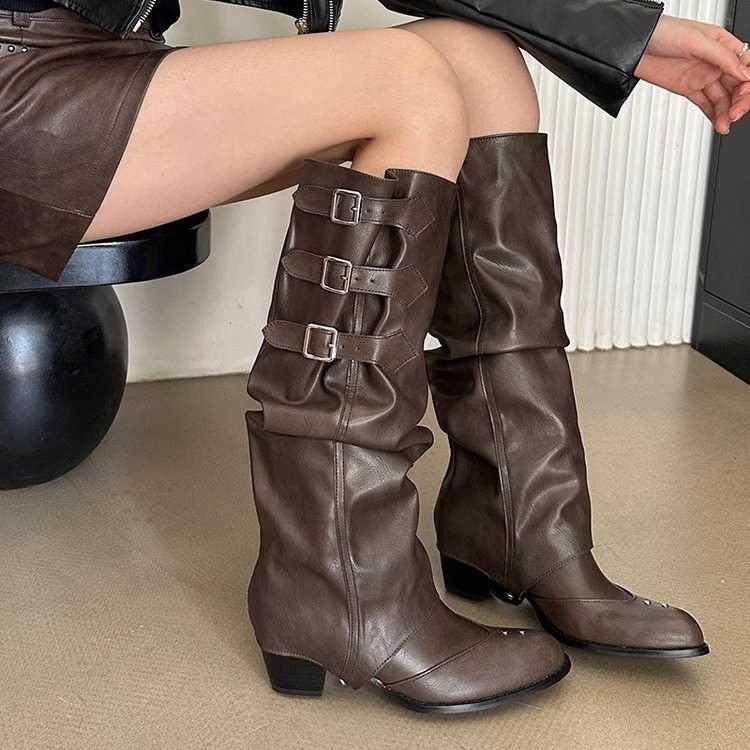 Western Cowboy Martin Boots For Women With Belt Buckles Pleated Pile Fashion Boots High Pointed Knight Boots Slim And Long Boots 240826