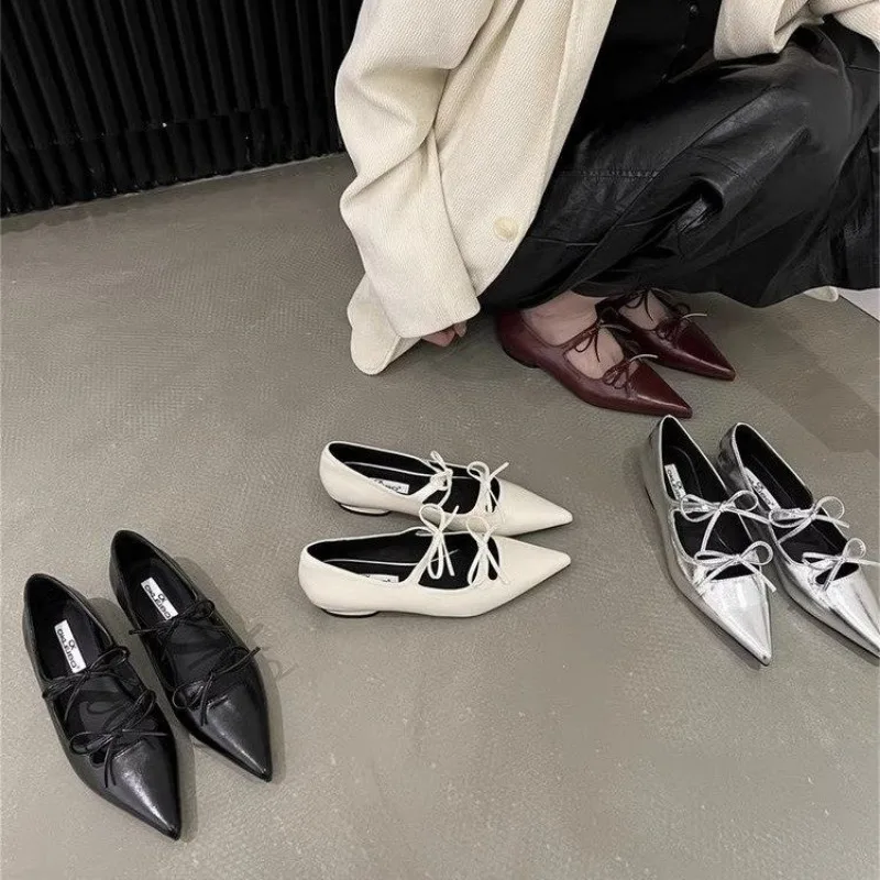 Low All-Match Heels Pointed Toe Summer Shoes Ladies Female Footwear Bow-Knot Autumn Casual Sneaker 2024 New Dress Butterfly Fall 6c37