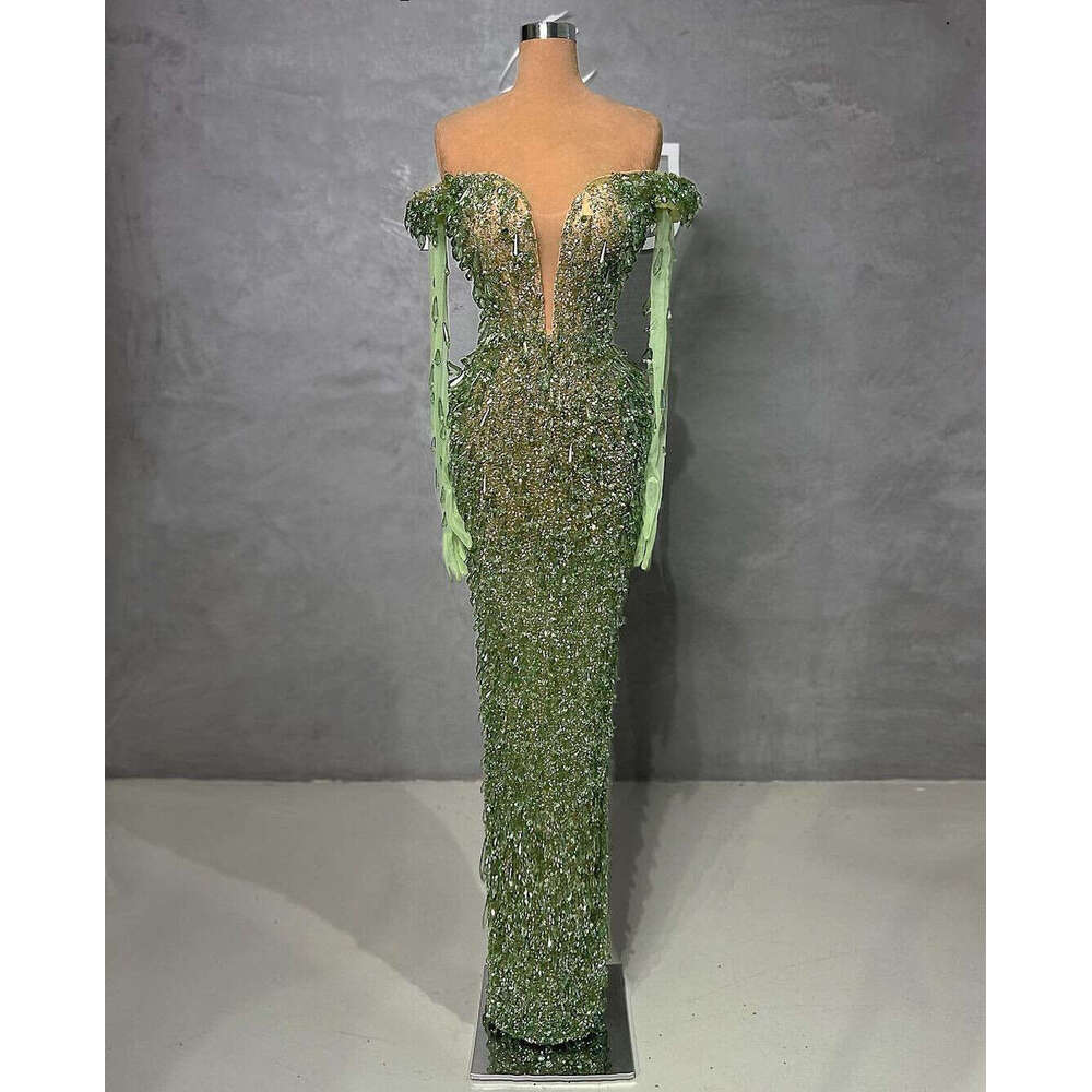 Green Prom Mermaid Dresses Long Sleeves V Neck Appliques Sequins Beaded Or Length D Lace Hollow Dias Pearls Evening Dress Bridal Gowns Plus Size Custo