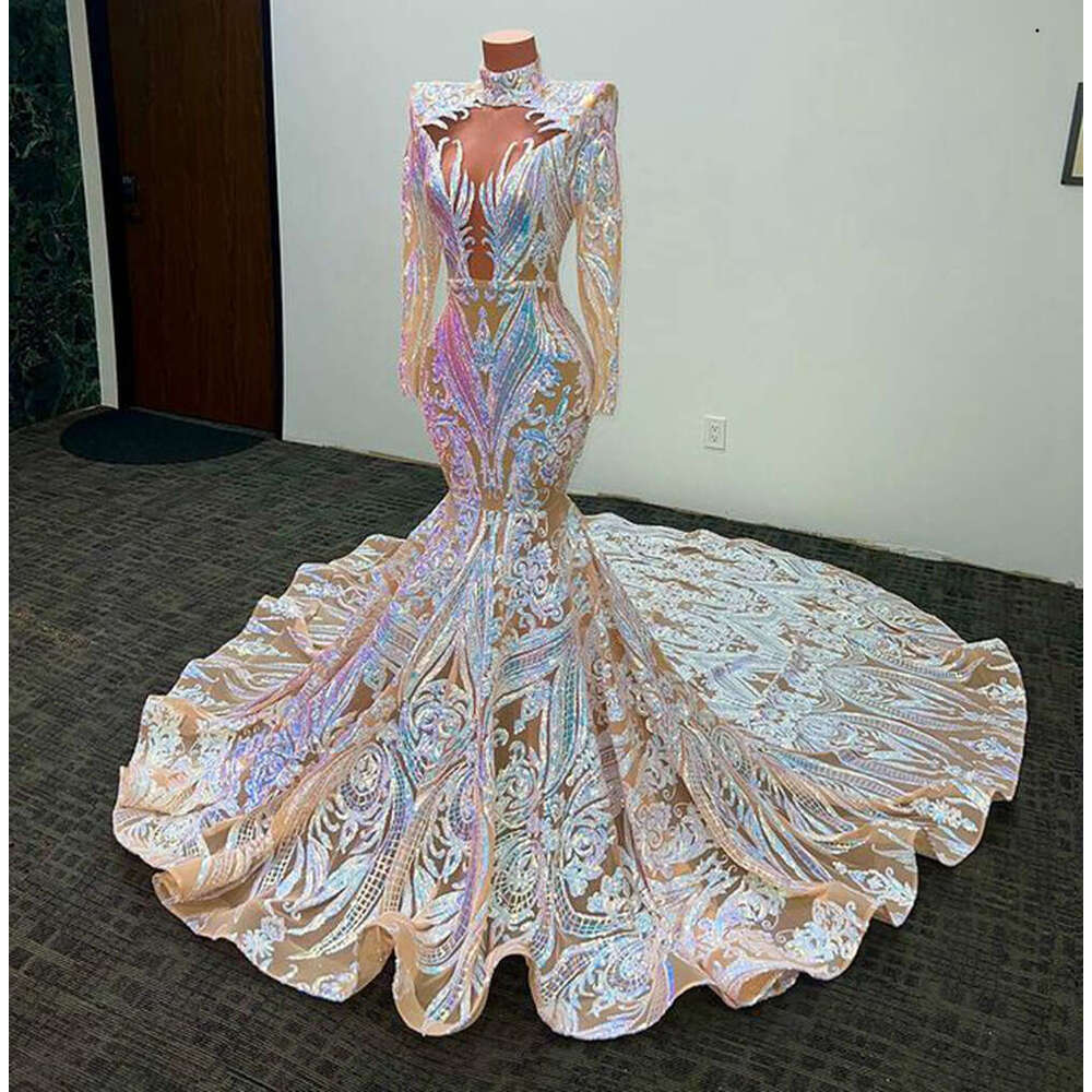 Evening Sparkly Mermaid Reception Gowns Long Sleeve Applique Seuqins High Neck African Aso Ebi Prom Dresses Robes De Soire Paillette 6660306