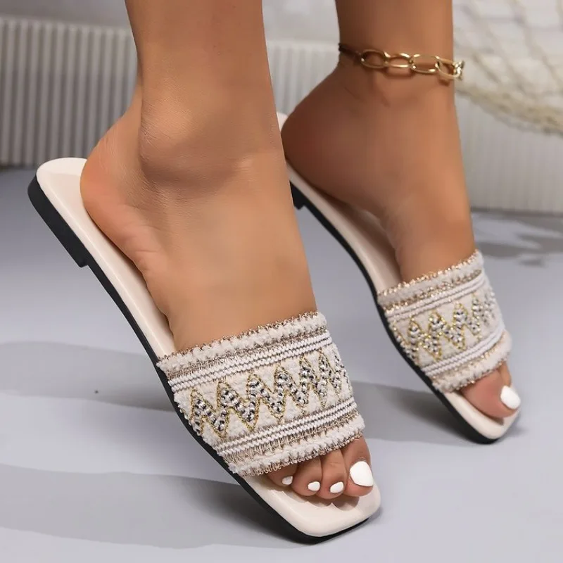 Designer Summer Women Slides Pearl Flat Heels Beach Slippers Fashion Gingham Brand Ladies Elegant Shoes Plus Size bcb3