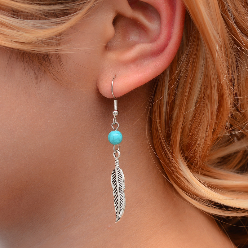 Vintage Ethnic Boho Earring Set - Green Turquoise Flower Pattern & Leaves
