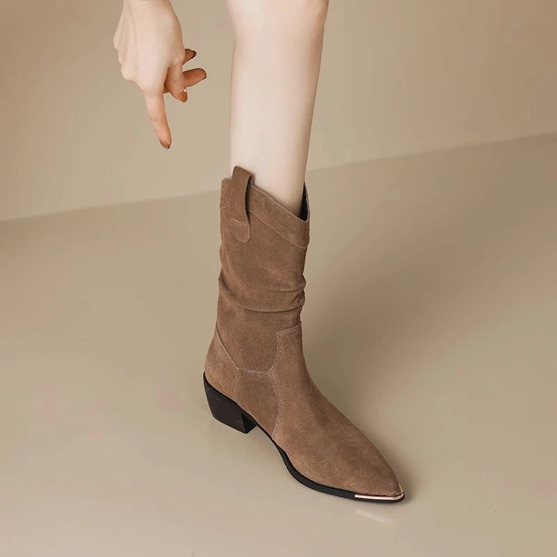 Real Cow Suede Mid-Calf Short Boots for Women Retro Pointed Western Denim Thick Heel Knight Boot Autumn Winter Gothic Shoe Botas