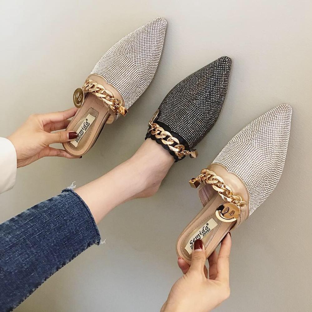 2024 Sparkly Rhie Slippers, Women's Metal Chain Slip-on Sandals for Evening Party dh911125171