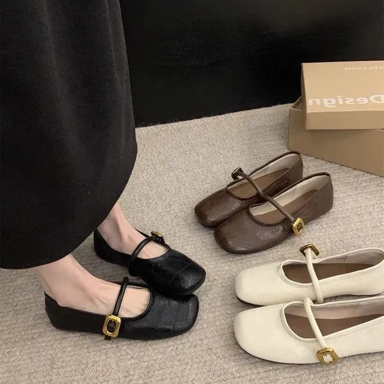 2025 new Black French Square Toe Flat Single Shoes Women's New Summer Mary Jane Shoes zhanyishengli