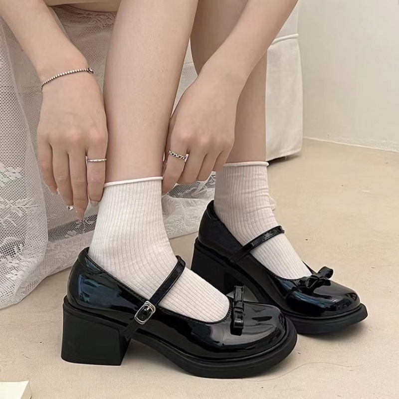 2025 new Jane Mary Vintage Bow Black Pumps Woman Buckle Non-Slip Casual Medium Heels Office Ladies Solid Elegant Dress Shoes 1af2