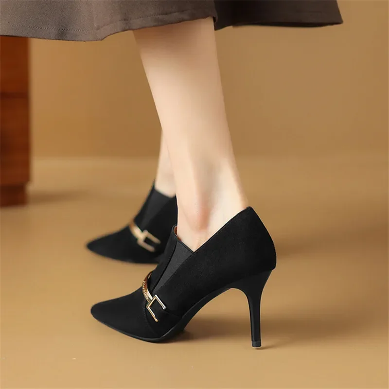 New 2024 Spring Sheep Suede Pointed Toe Pumps Shoes for Women Deep Mouth New Loafers High Heels atos De Mujer 8f97