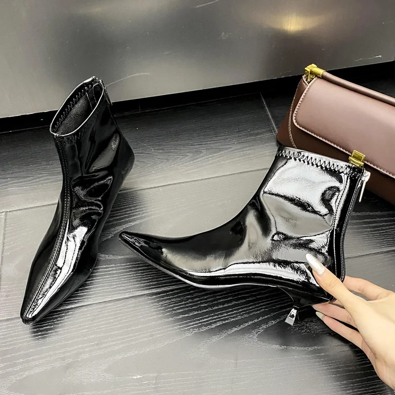 Eilyken New Design Patent Leather Pointed Toe Women Ankle Boot Autumn Winter Zipper Thin Low Heels Wedding Party Shoes d239