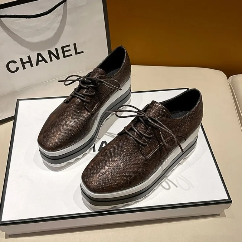 2024 Women Flats Shoes Spring Moccasin Fashion Creepers Shoes Lady Loafers Ladies Lace Up Platform Shoes Plus Size 35-43