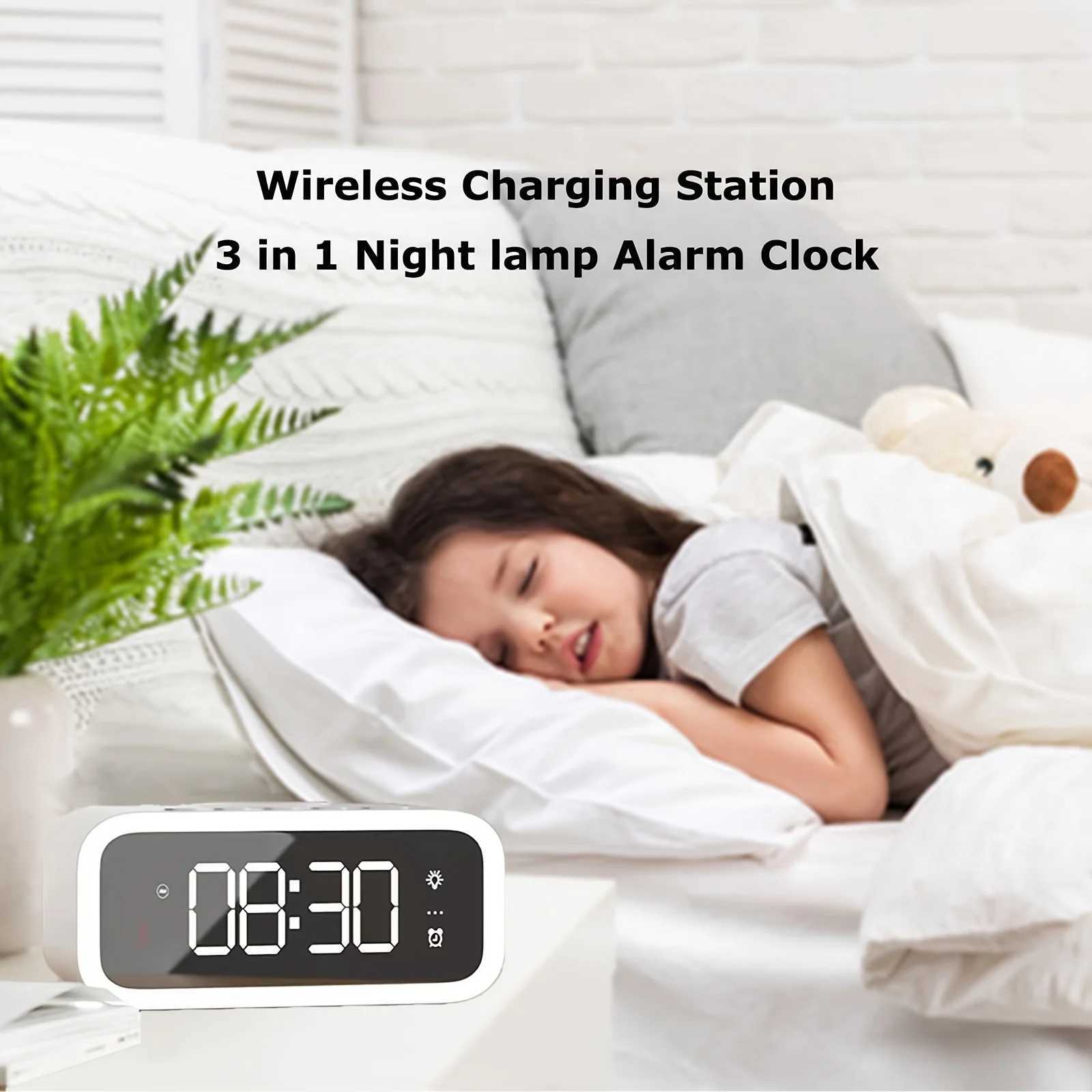 LED Large Screen Wireless Charging Alarm Clock Magnetic Fast Charging Wireless Clock Charger dimmable Alarm Clock Y240904
