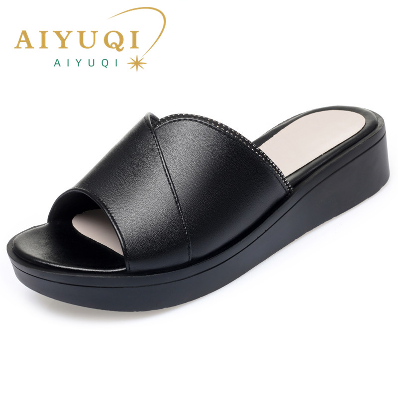 2025 NEW Sandals AIYUQI Genuine Leather Summer New Open toe Shoes Slippers Big size Mom Wedge Women Slides fa