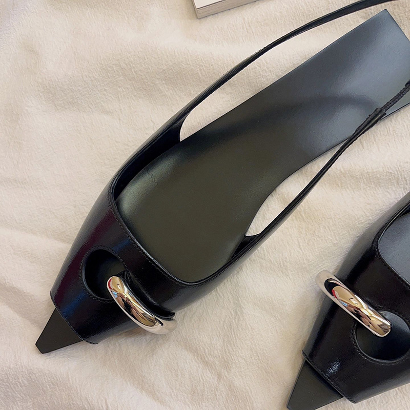Designer Pointed 11e33 Flat Metal Sandals Women 2024 New Open Toe Low Heel Mueller Shoes Women's Fashionable Sandalias Femininas 's