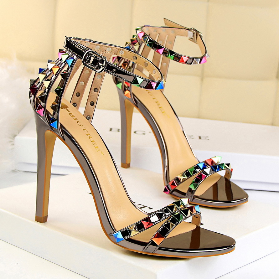 2025 new Sandals BIGTREE For Fashion Summer Rivet Buckle Strap PU 11CM Thin Heels Rome Evening Dress Women Shoes Champagne 6fb8