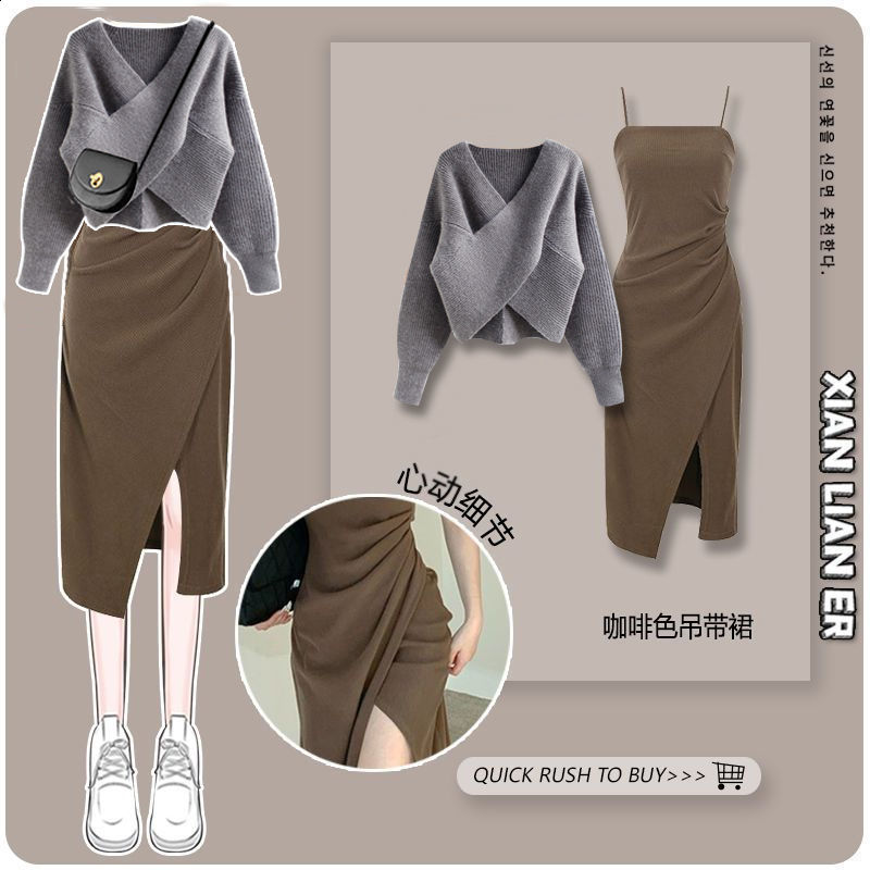 Two Piece Dress heeylace Women Spring Pieces Sets Korean Long Sleeve Pullover Knitted Sweater And Ruffles Patchwork Mesh Suit 220906