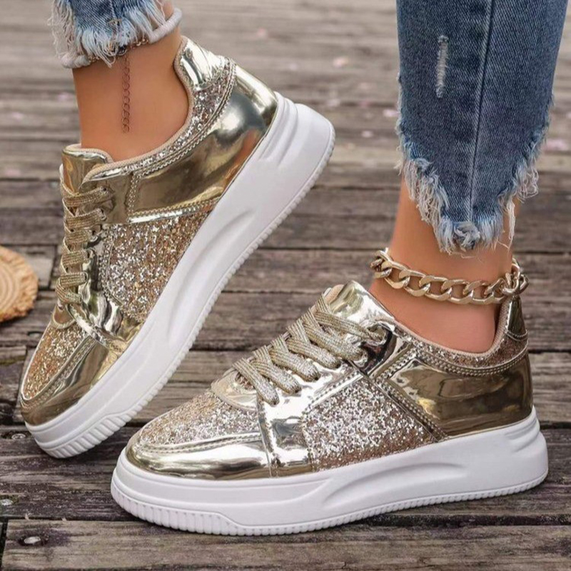 2025 new Women's Stylish Gold Sier Sequins Platform Sneakers Autumn Low Tops Thick Bottom Vulcanized Woman Flat Heels Shoes c70a