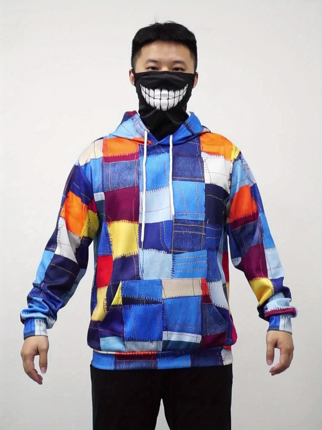 Colorful Checkered Graphic Print Hoodie - Comfortable Loose Fit, Kangaroo Pocket, Drawstring Hood, Casual Long Sleeve Design - Perfect for Outdoor Act