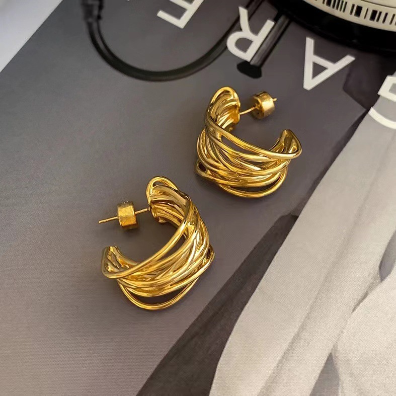 Trendy C-circle Earrings Gold Earrings Twisted Metal Texture Stainless Steel Earrings For Women Jewelry