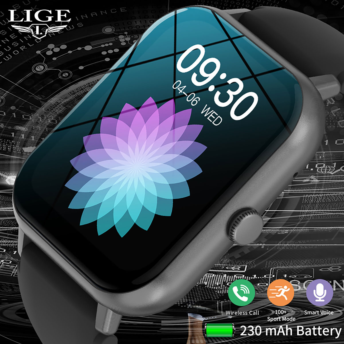LIGE 1.82-inch Square Color Screen Smart Watch Multi functional Waterproof Step Counting Alarm Clock Wireless Call Health Monitoring Message Push Watc