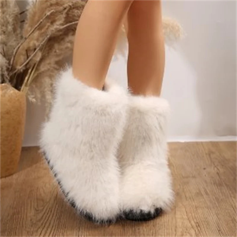 Winter Snow Women's Outdoor Furry Faux Fox Fur Boots Woman Plush Warm Platform Shoes New Fashion Bottes Big Size a5f2