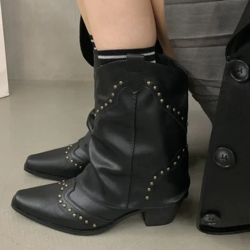 Style 2024 Wasteland Vintage Trouser Legs Western Boot Black Knee High Boots Women Brown Maillard Rivets Punk Winter Shoes cc3b s