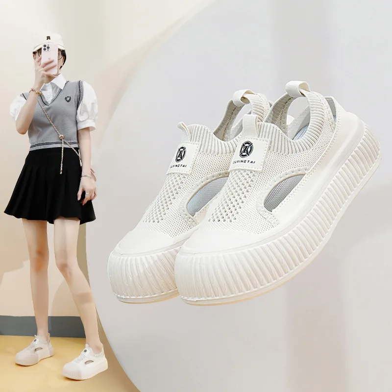 2025 NEW Korean New Mesh Hollow Out Breathable Flat White Casual Platform Knitted Shoes Sneakers atillas Mujer c