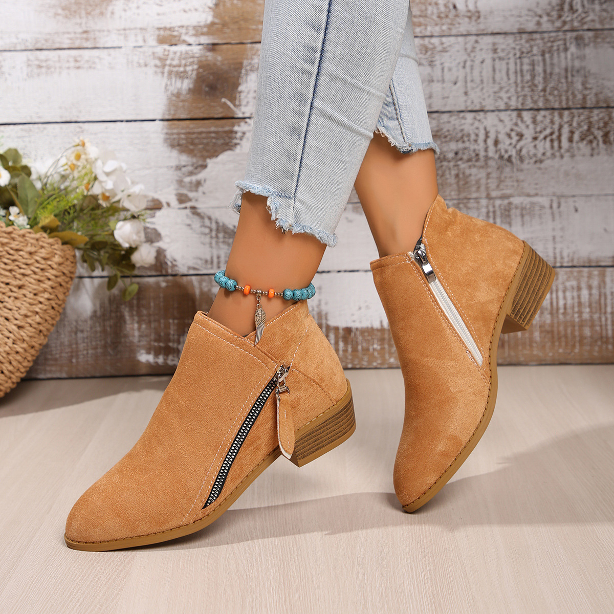 Ankle Women's 2024 Spring Vintage Zip Heeled Short Boots for Women Fashion Chunky Heel Casual Single Shoes Female 3a0f