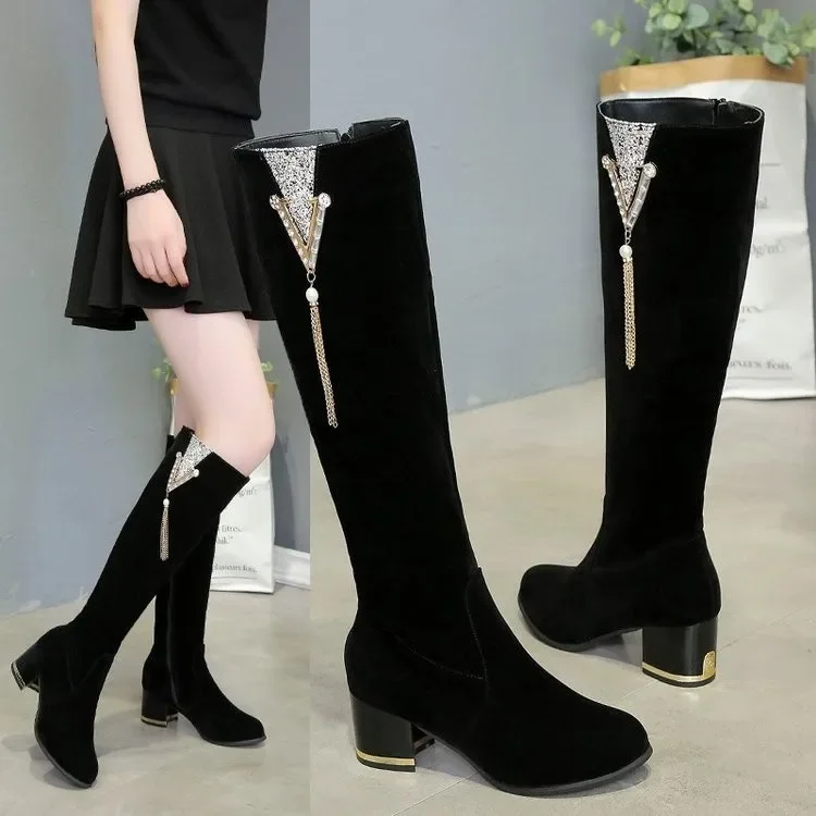 Long 2024 Thick Boots Side Zippers Women's Shoes for Women High Heels 2643