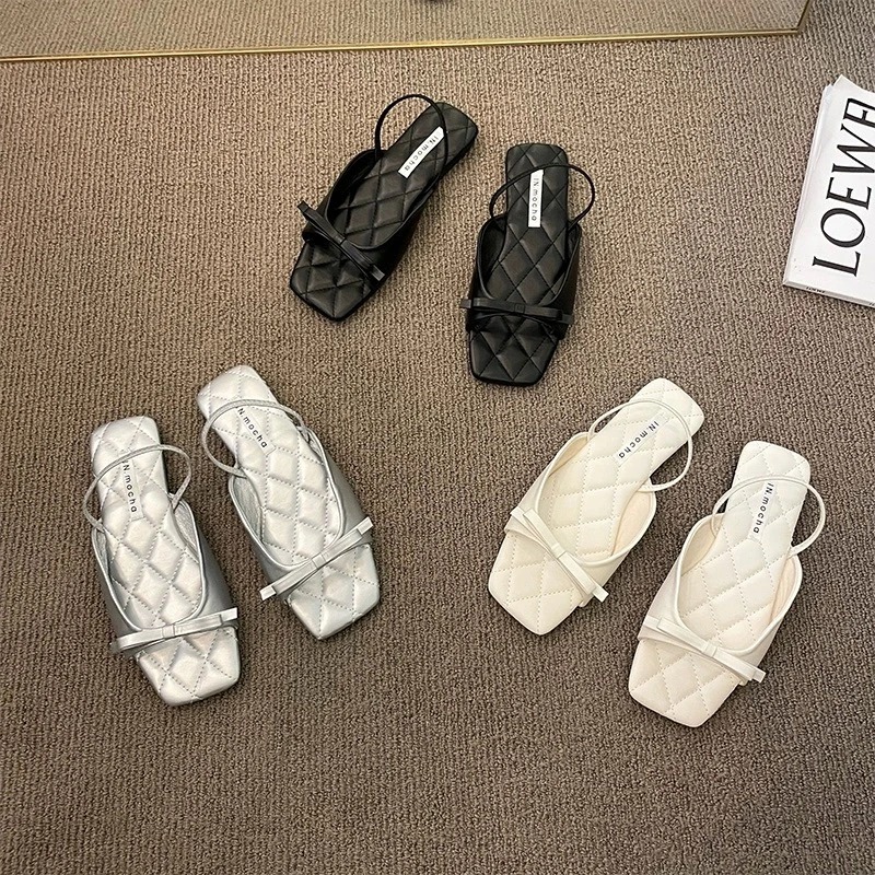 2025 new Women Sandals New Trend Flat Sole Slippers In Summer Black Square Head Comfortable Women's Bowknot Vacation Beach Shoes e5bd 's