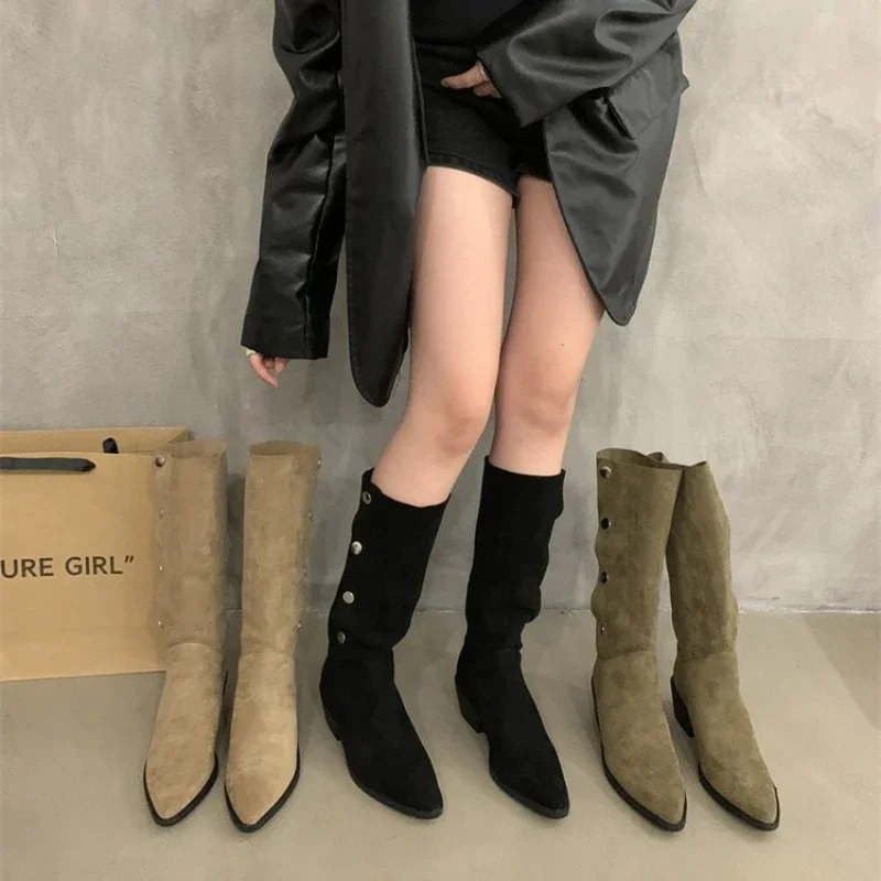 New New 2024 Woman Suede spring Sexy Thick-heeled Women's Riding Botas Warmth Non-slip High Shoes Buckle Boots of Women