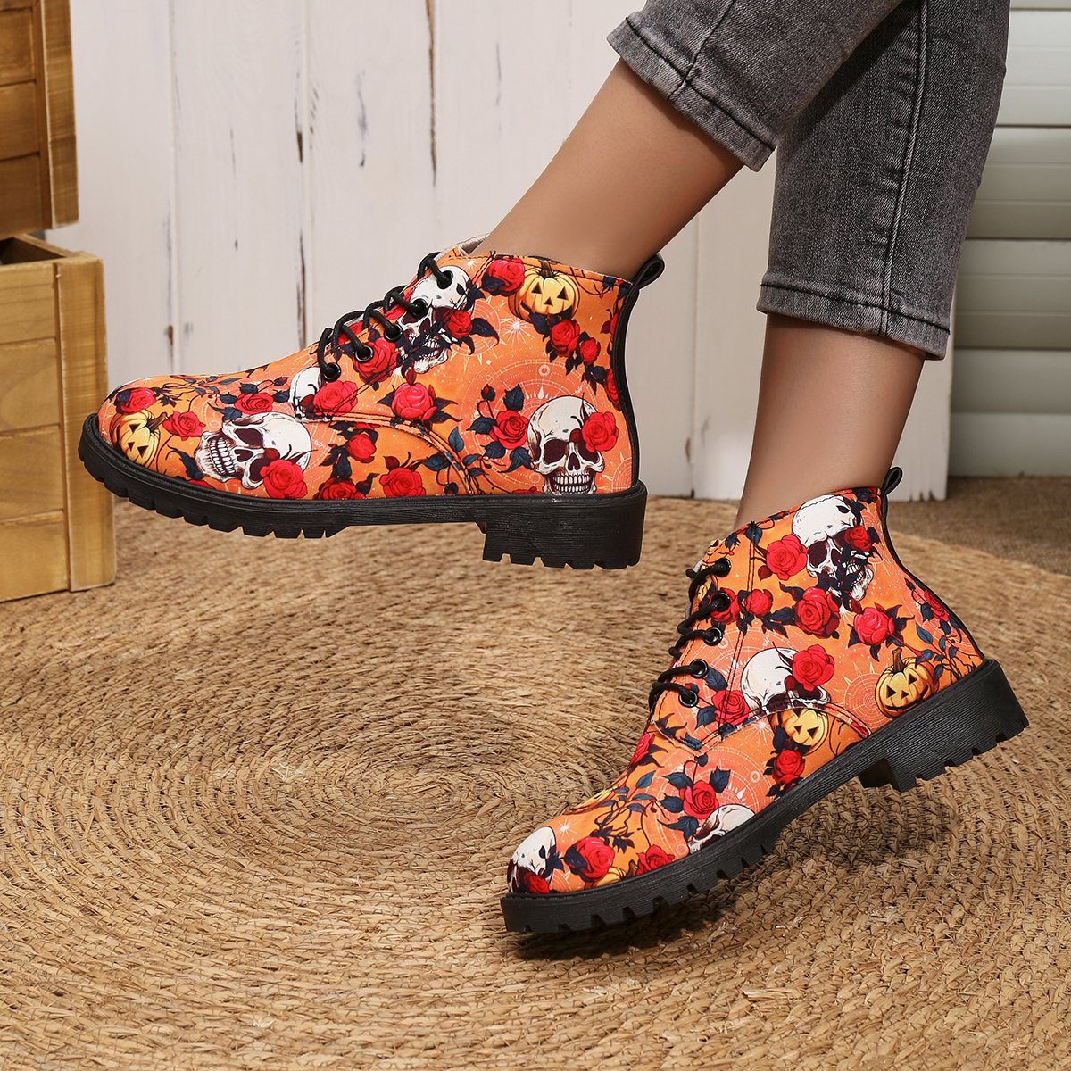 Head Skull Short Women's 2024 Autumn Winter New Halloween Personalized Trend 3D Printed Work Boots Casual Shoes 45e2