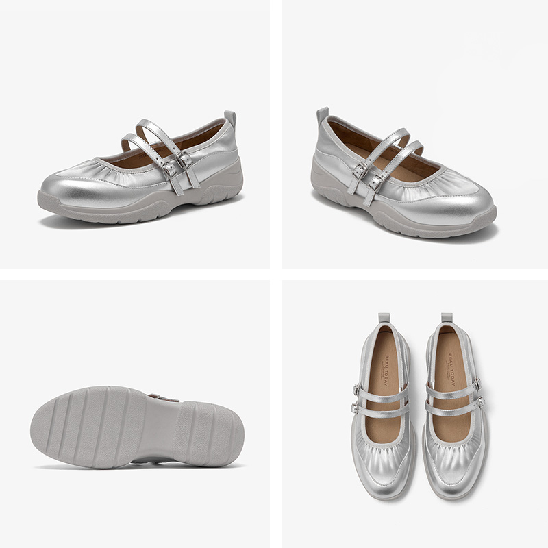 Mary BEAUTODAY Janes Women Genuine Leahter Double Buckle Straps Solid Color Shallow Sweet Ladies Ballet Shoes Handmade 25711 fdcd