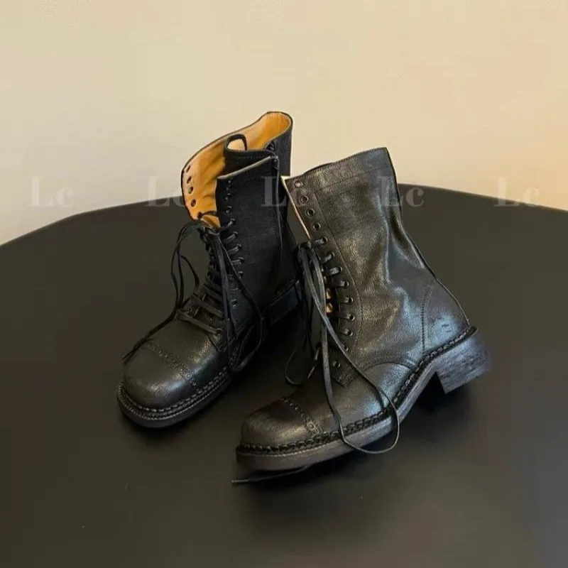 Women's Ankle Boots Lace-up Girl Cowboy Motorcycle Trend New Rock Punk Fashion Low Heel Designer Shoes Round Toe Leather Boots
