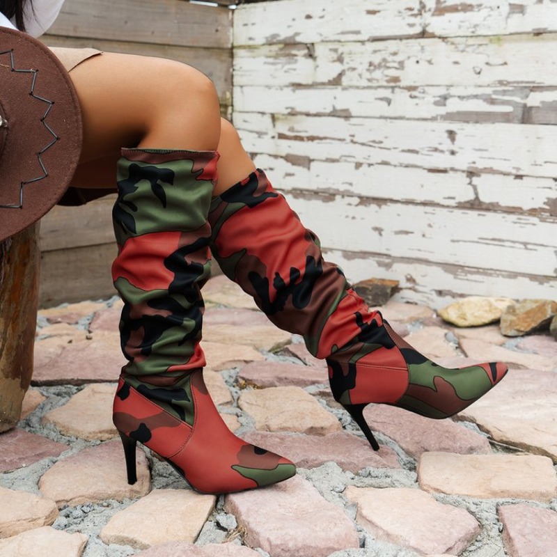 Fashion Brand Spring 2024 New Camouflage High Heels Women Shoe Personality Mid rise Boot 20c6