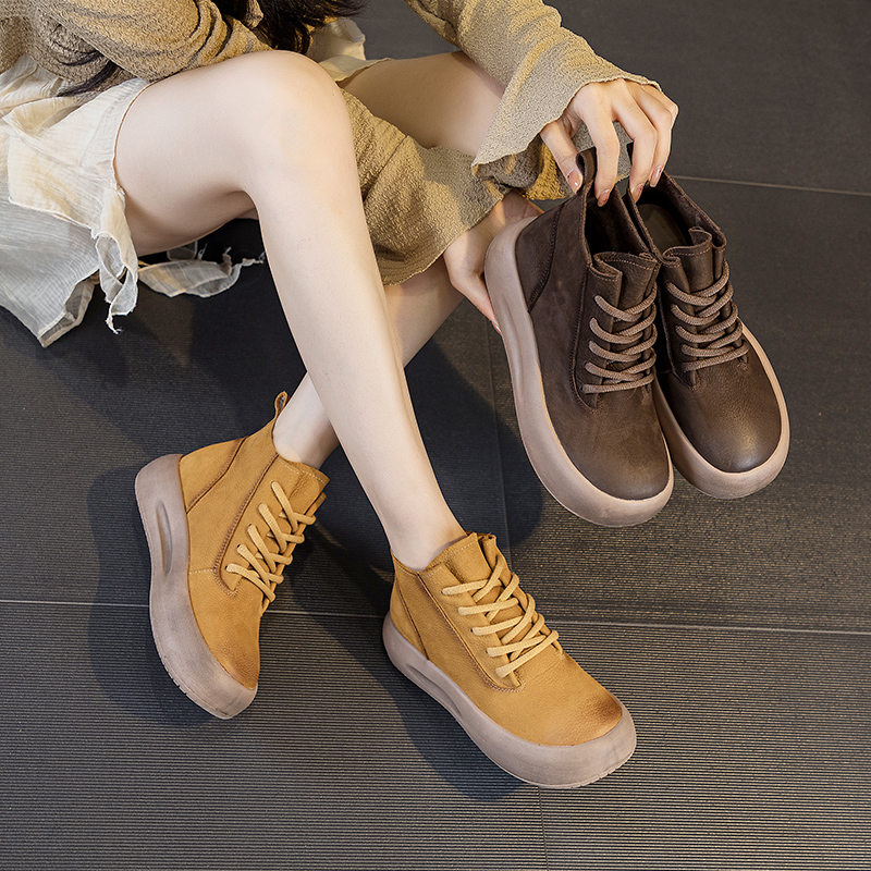 Women Sneakers Boots 2024 New Winter Genuine Leather Women Ankle Boots Retro Style Lace-up Platform Women Booties