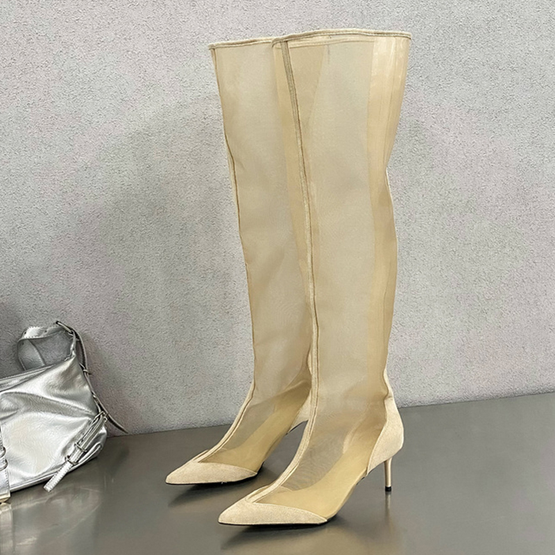 Liyke Sexy Pointed Toe Party Stripper Thigh High Boots Women Low Thin Heels Spring Autumn Zip Mesh Over The New Knee Shoes Booties