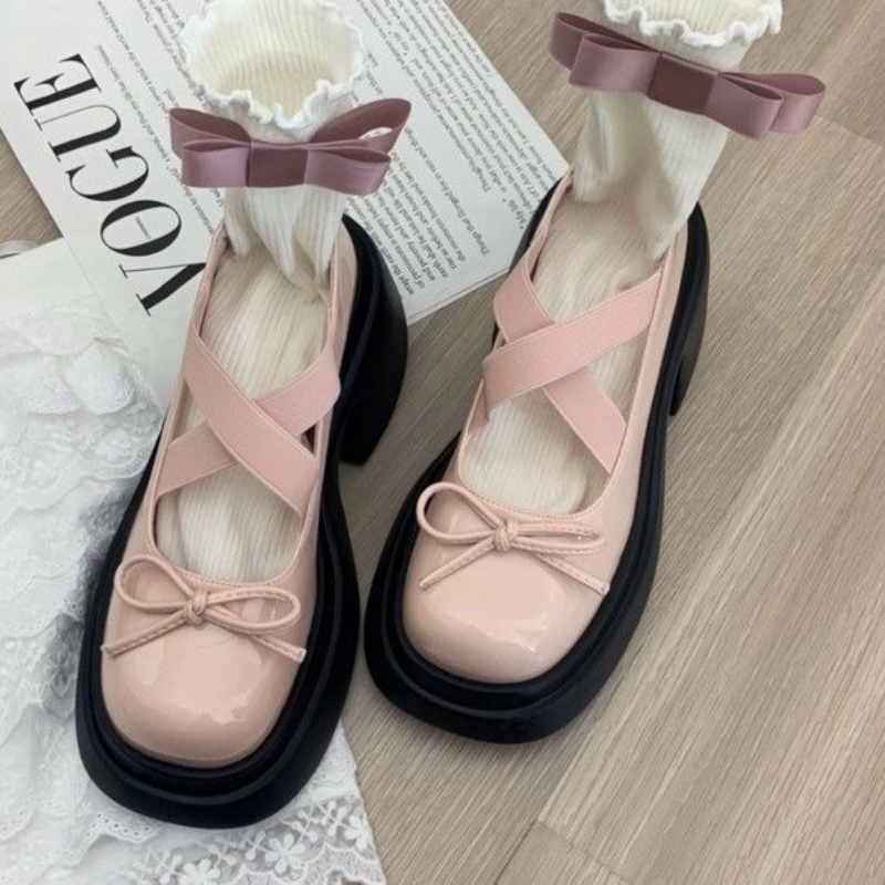 Bowknot Sweet Platform Mary Janes Women New Cross Strap Thick Single Shoes Ladies Buckle New Patent Leather Lolita Pumps 2548