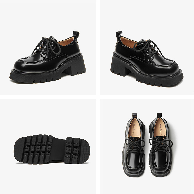 BEAUTODAY Casual Derby Woman Solid Color Square Toe Non-Slip Medium Heels Office Ladies Elegant Lace-up Shoes Female 21974