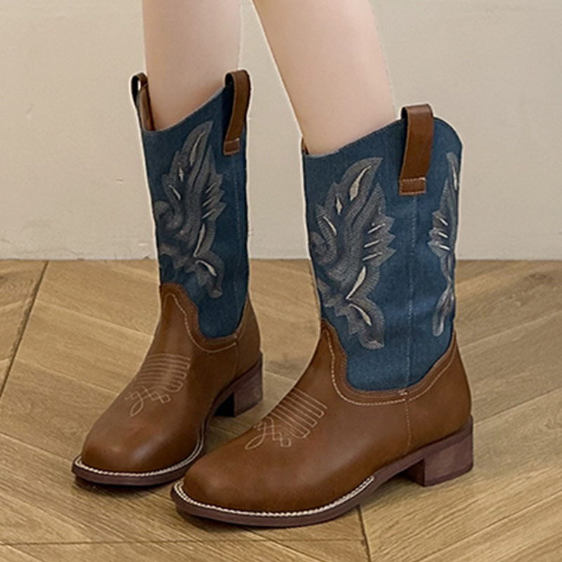 2024 Autumn Western Cowboy Women's Patchwork Mid Calf Chunky Heel Classics Embroidered Slip On Faux Leather Boots f8f1