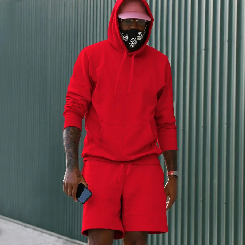 HoodedPants twopiece casual set mens Hooded long sleeved Pullover shorts sports top solid color Tracksuit 240903