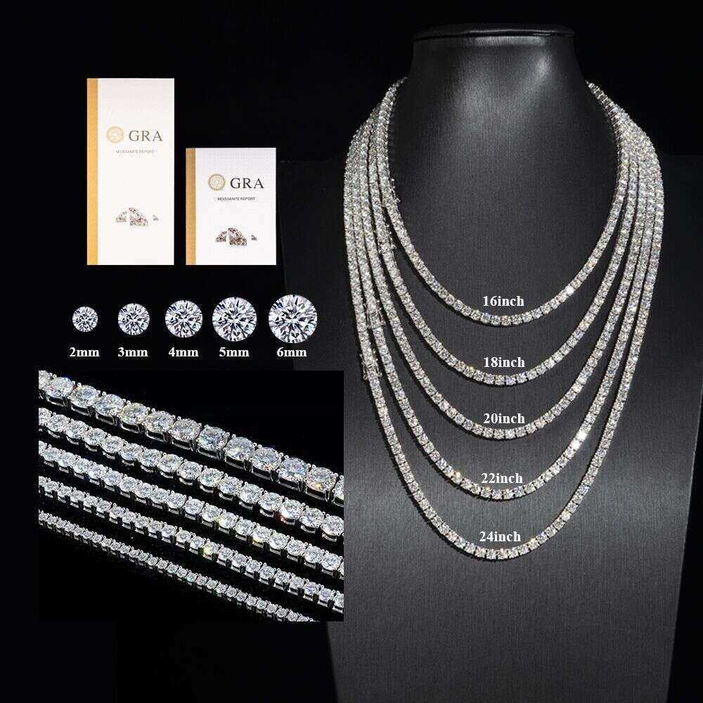 Real sterg sier Hip Hop Moissanite Jewelry Iced Out VVS1 D Color Mossanite Dia Necklace 4mm Tennis Gold chain for Women Men